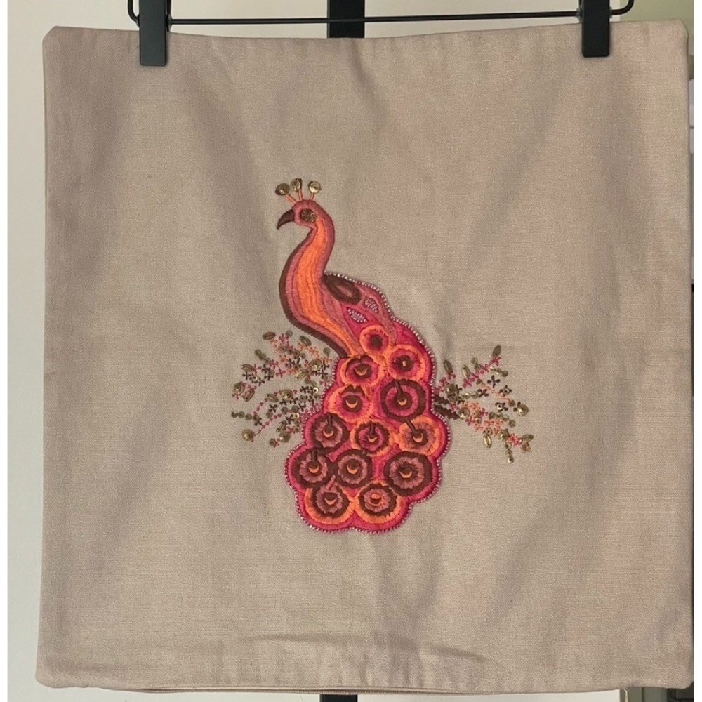 West Elm Peacock Embroidered Beaded‎ Pillow Cover 16x16 NWT